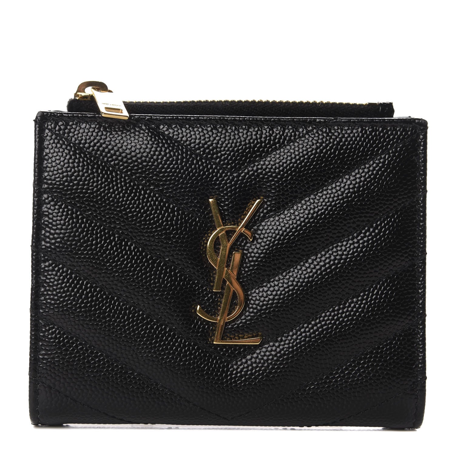 Saint Laurent Grain De Poudre Matelasse Chevron Monogram Zipped Card Case Black 1 of 7