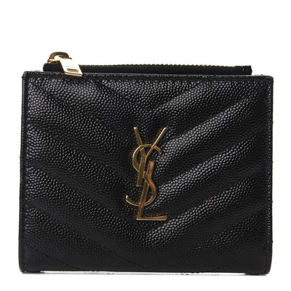 Saint Laurent Grain De Poudre Matelasse Chevron Monogram Zipped Card Case Black 1 of 7