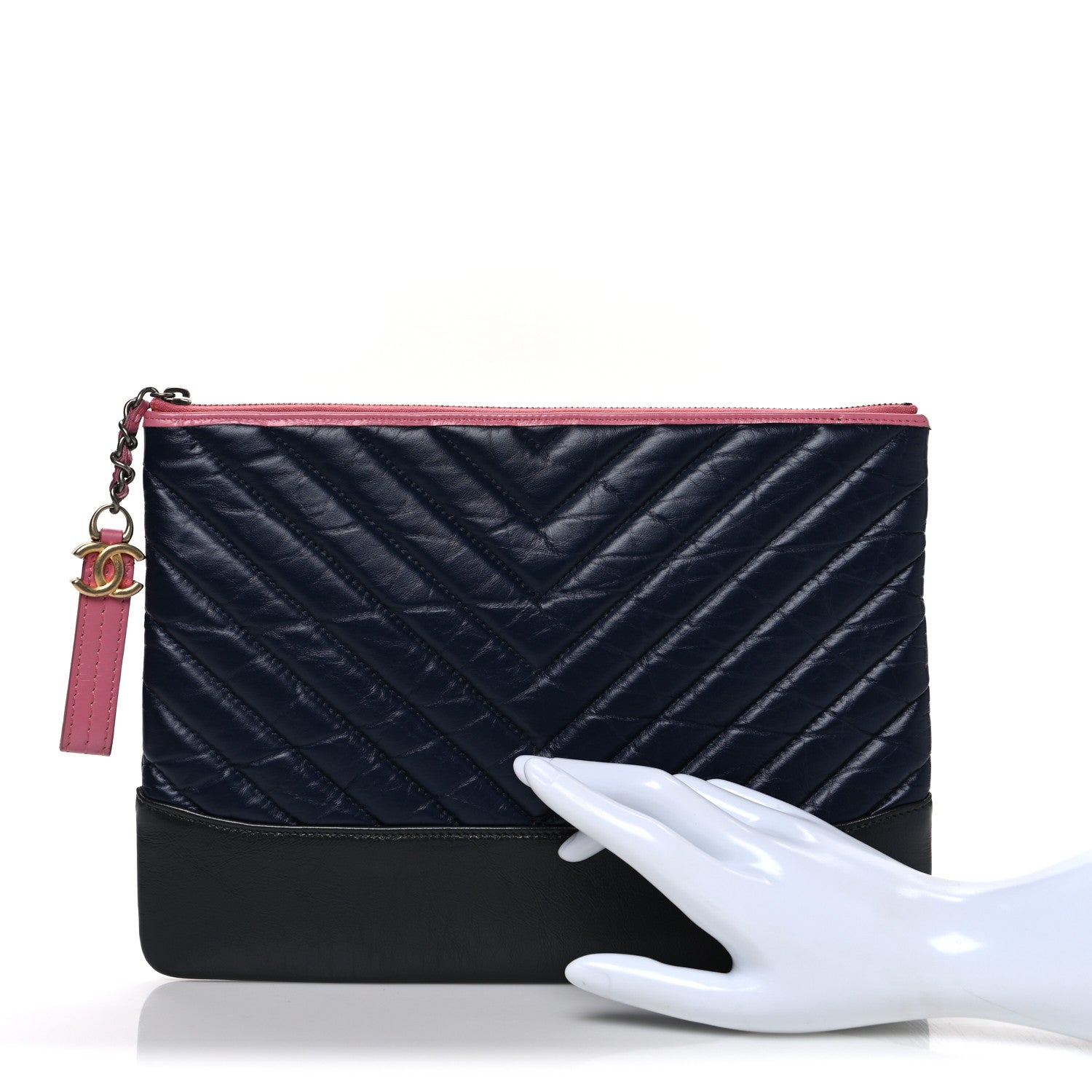 Chanel Aged Calfskin Chevron Quilted Medium Gabrielle Cosmetic Case Dark Pink Navy Charcoal 2 of 7
