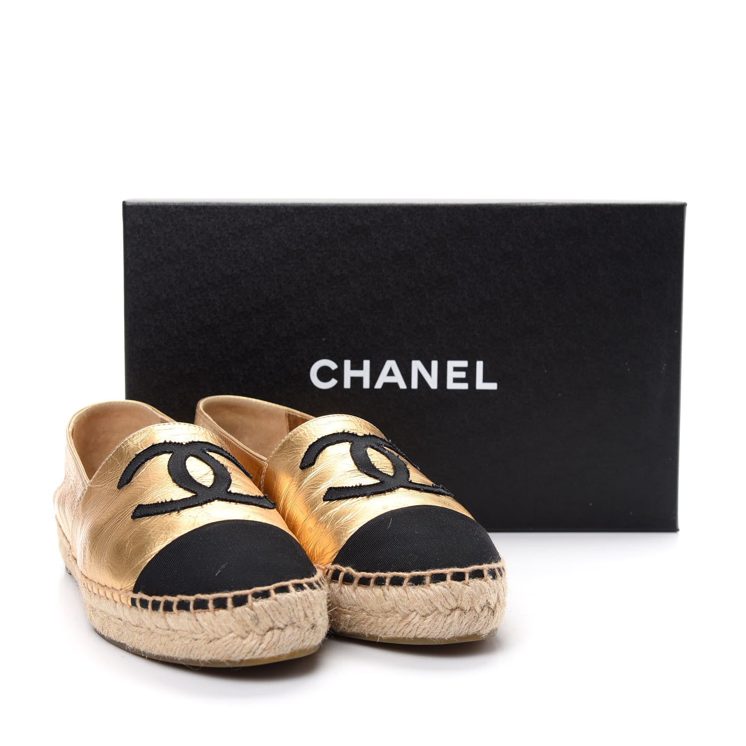 Chanel Laminated Lambskin Grosgrain CC Espadrilles 38 Gold Black 13 of 13