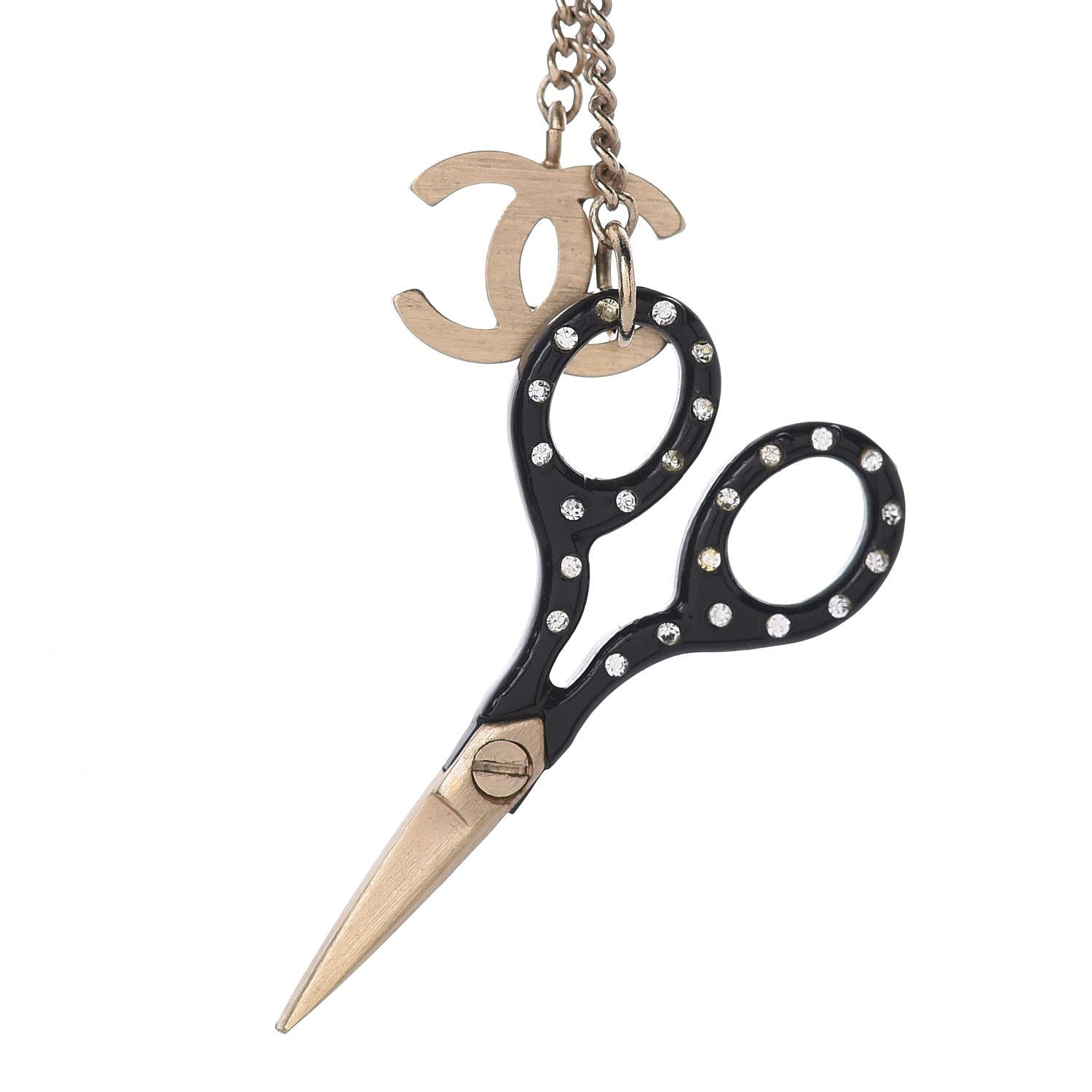 Chanel Crystal Resin Scissors CC Pendant Necklace Black Gold 4 of 6