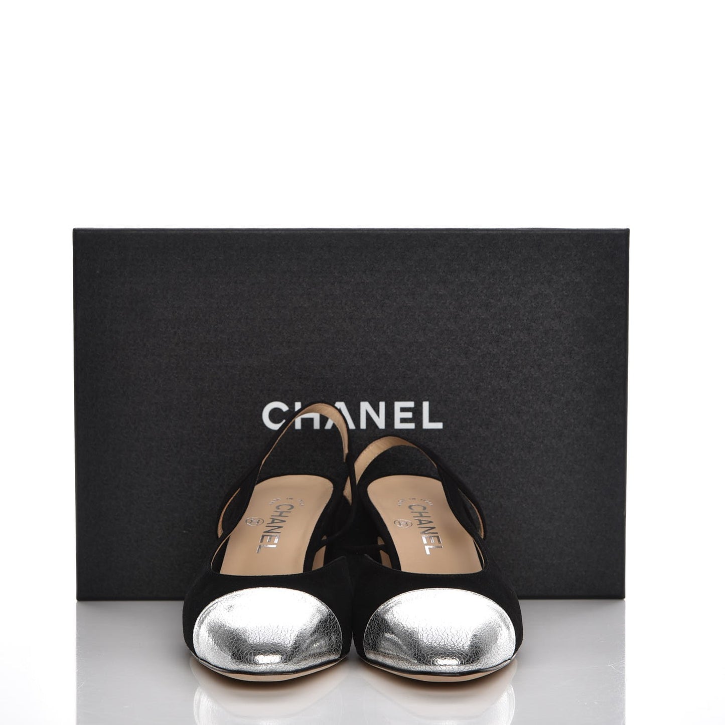 Kid Suede Metallic Lambskin Cap Toe CC Slingback Pumps 39.5 Black Silver