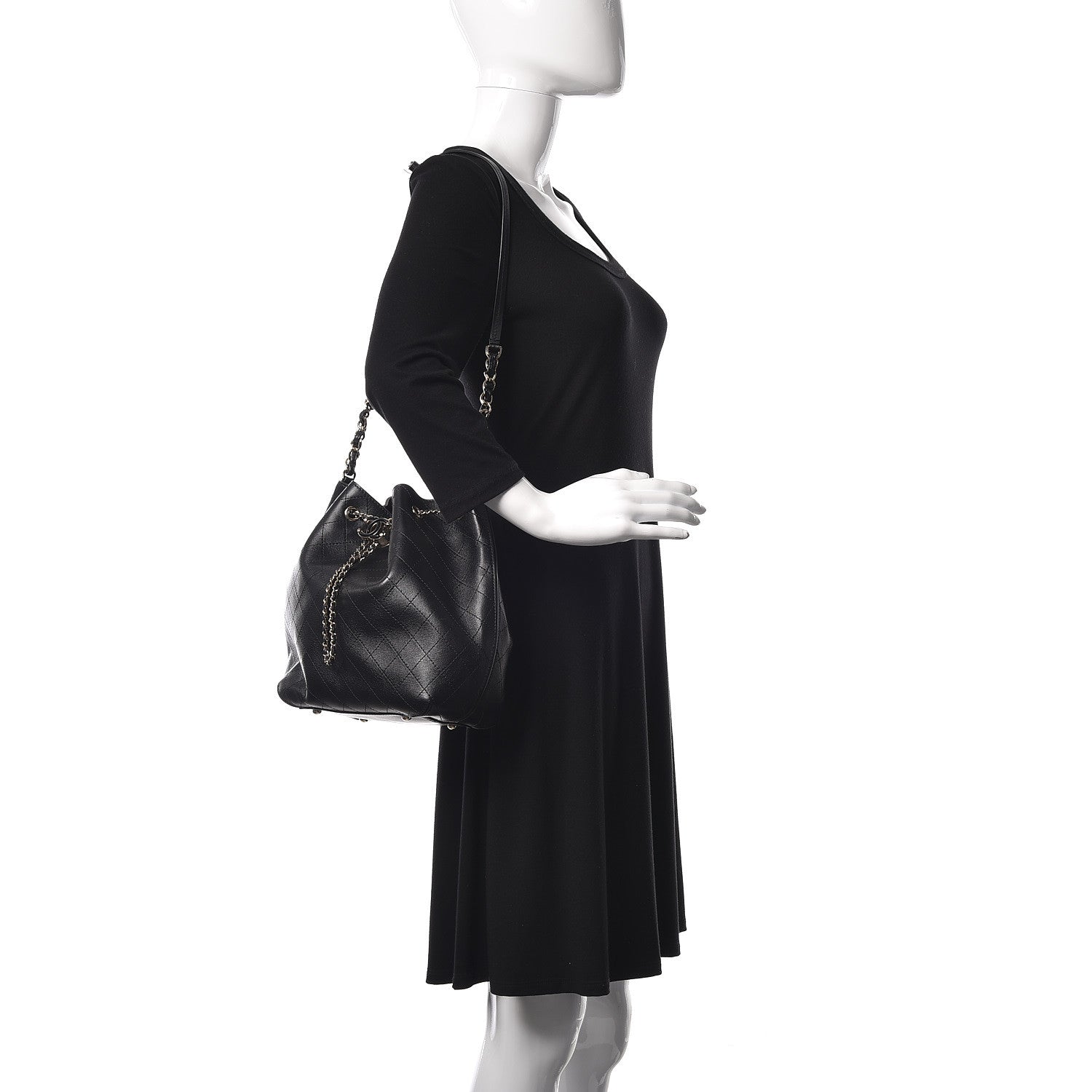 Chanel Calfskin Stitched Drawstring Bag Black 2 of 9