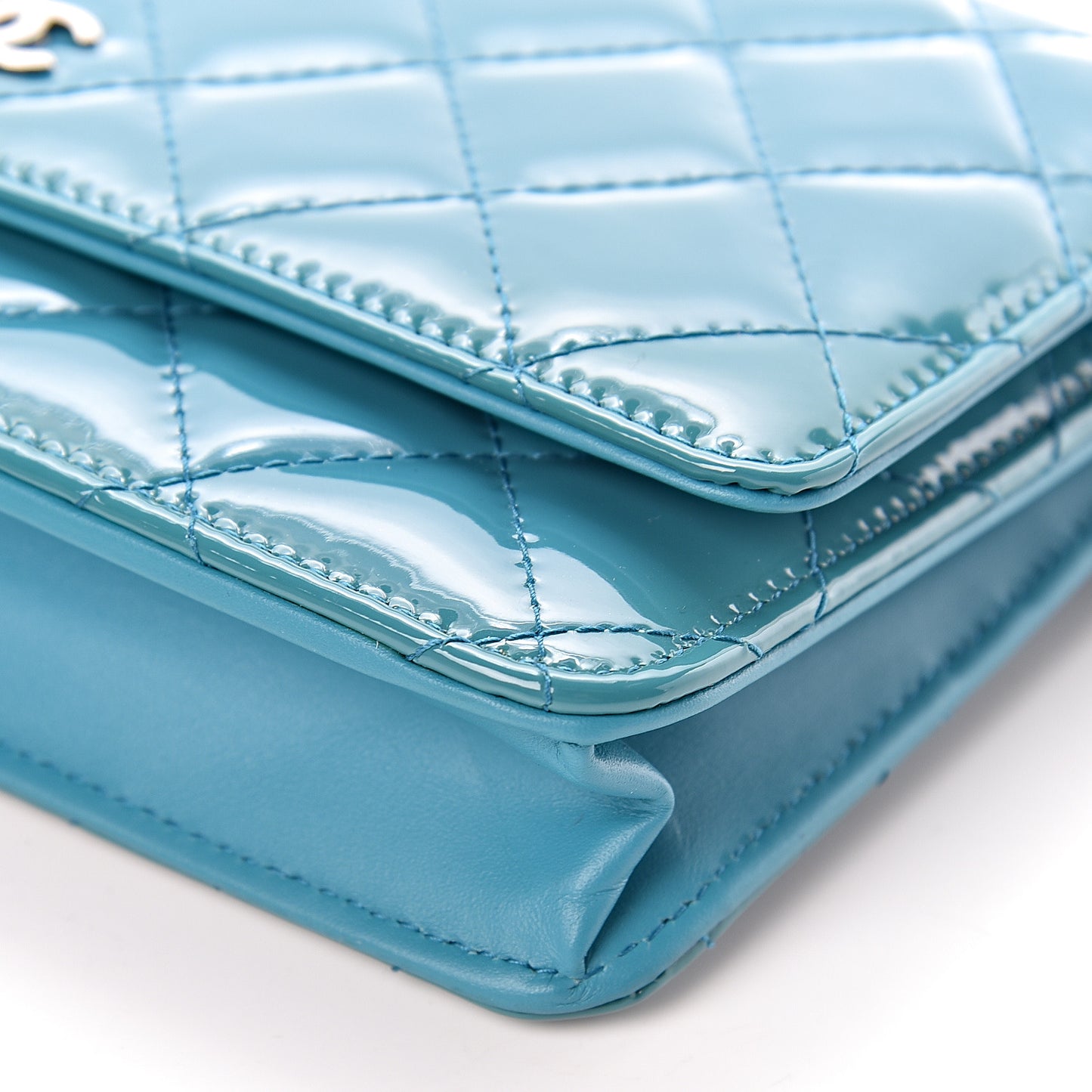 Patent Quilted Wallet On Chain WOC Turquoise Blue