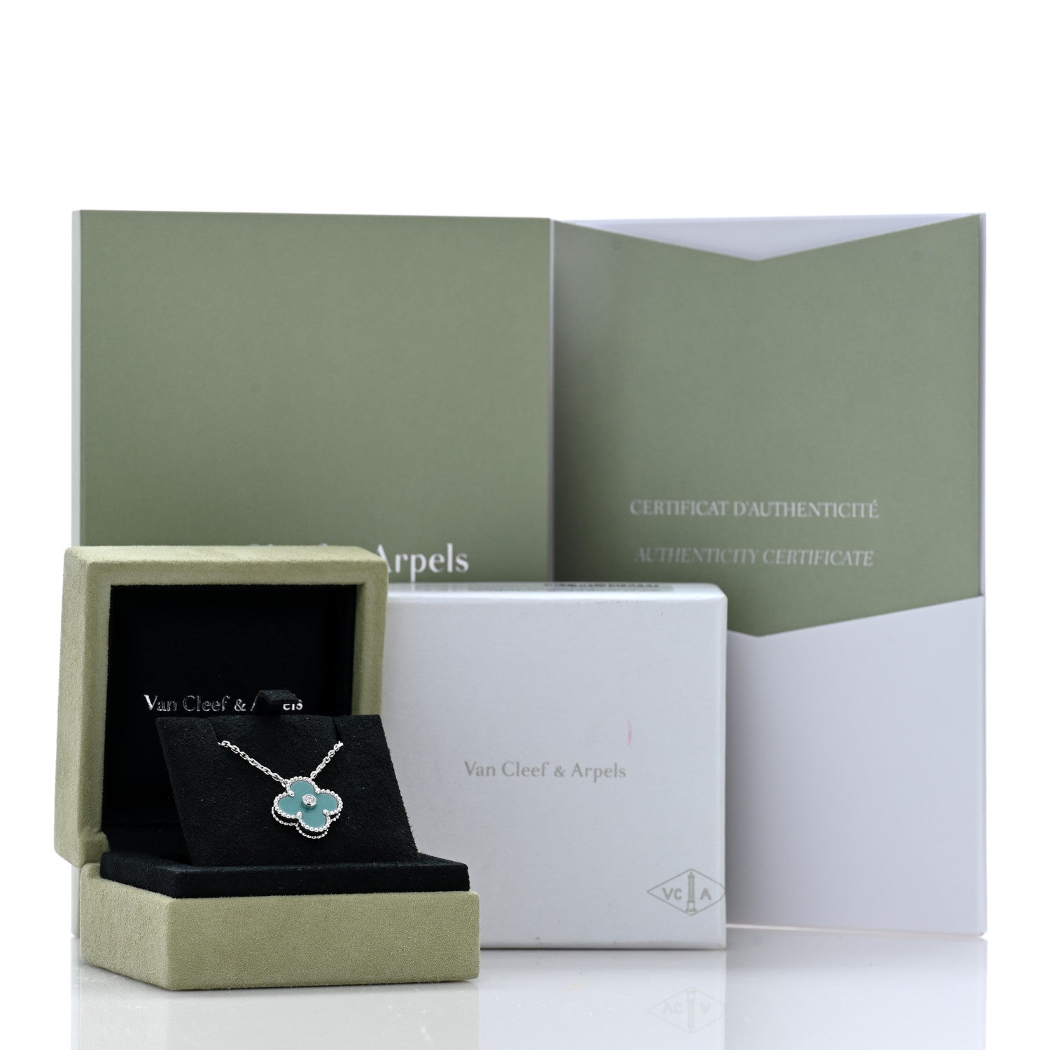 Van Cleef & Arpels 18K White Gold Diamond Celadon Green Sevres Porcelain Vintage Alhambra Pendant Necklace 5 of 5