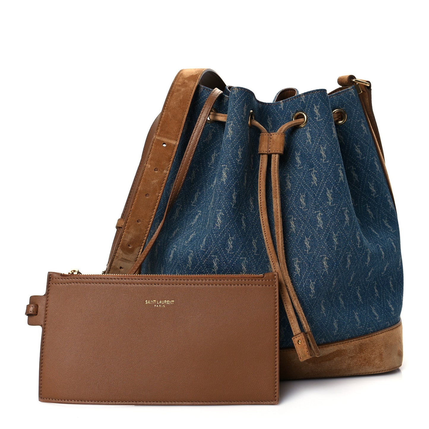 Suede All-Over Monogram Bucket Bag Denim