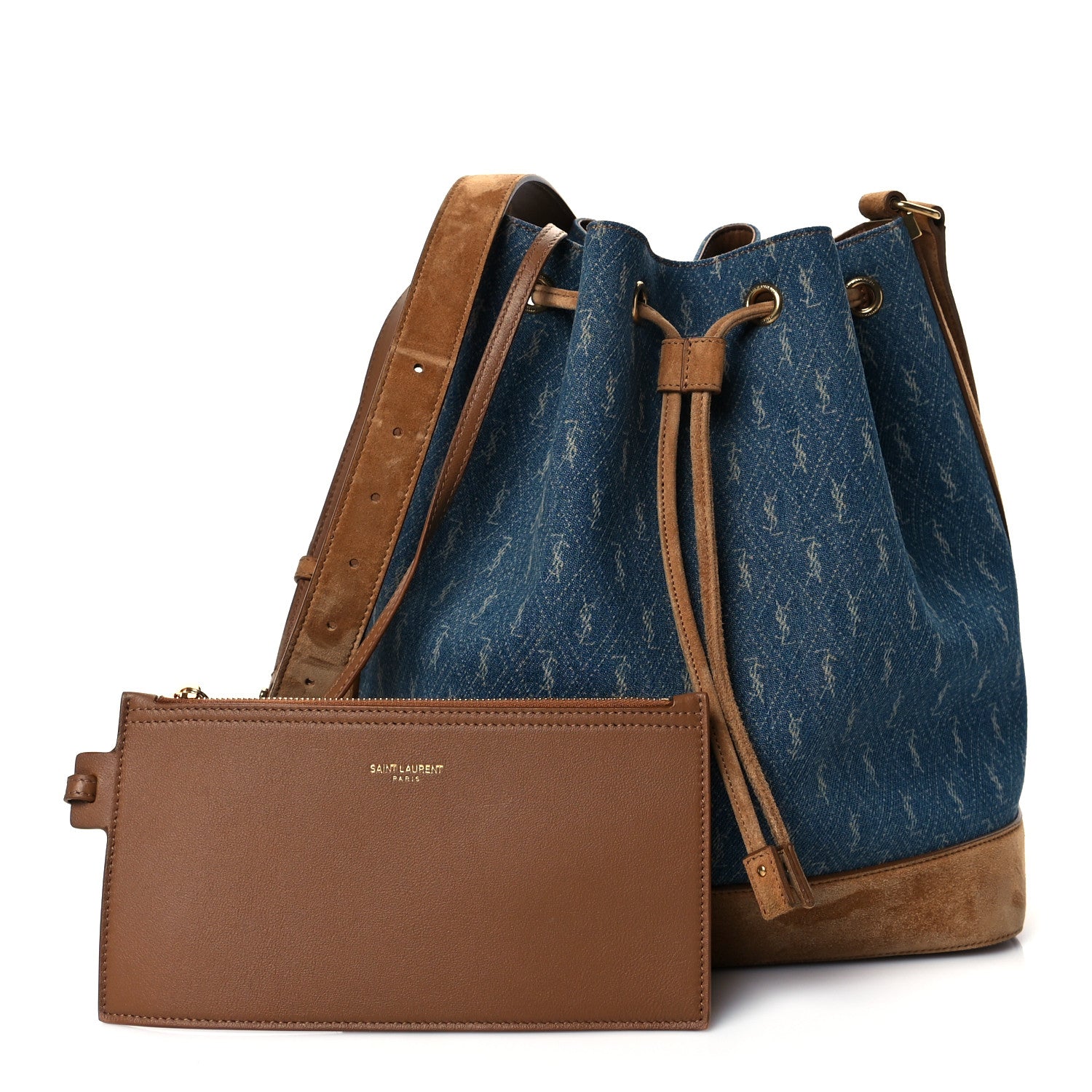 Saint Laurent Suede All-Over Monogram Bucket Bag Denim 1 of 10