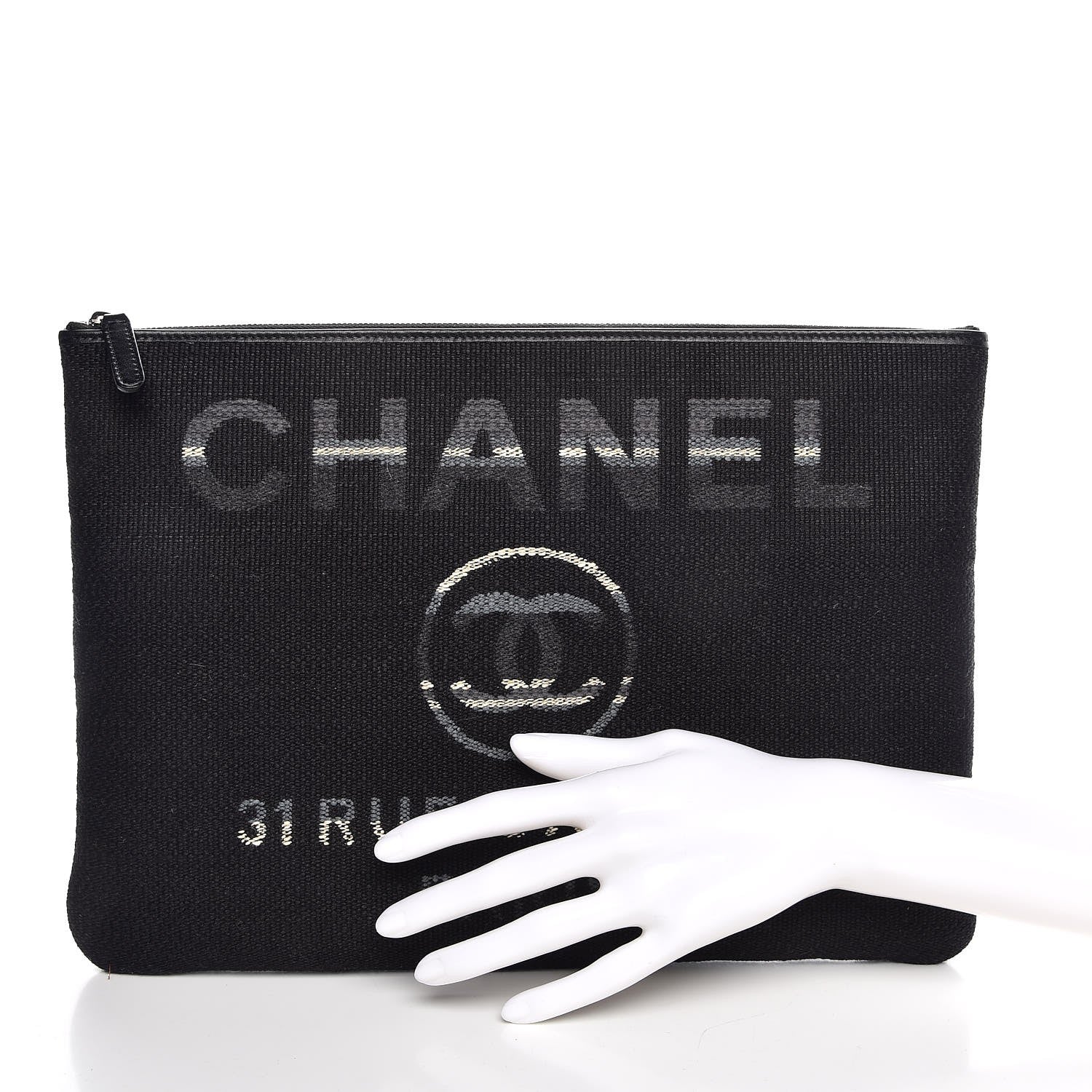 Chanel Striped Canvas Deauville Pouch Clutch Grey Black 2 of 7