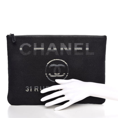 Chanel Striped Canvas Deauville Pouch Clutch Grey Black 2 of 7