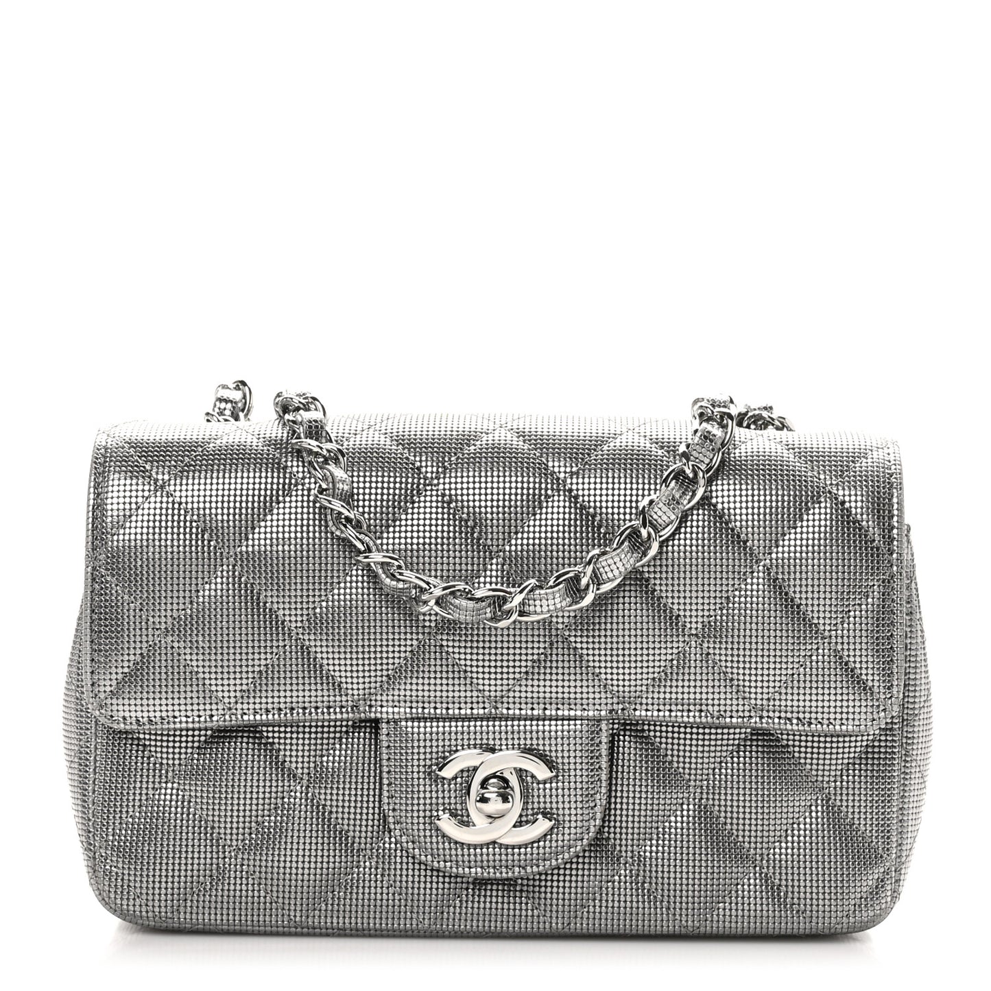 Metallic Calfskin Quilted Pixel Effect Mini Rectangular Flap Dark Silver