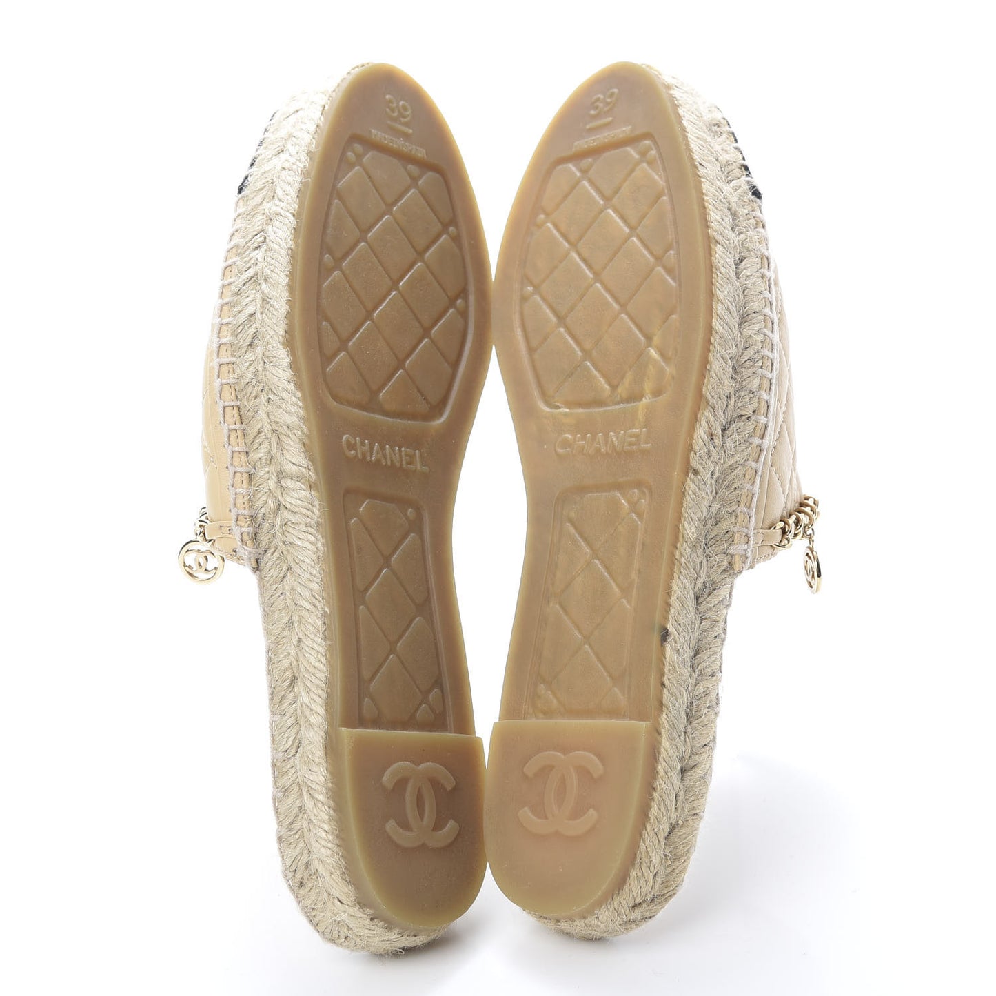 Lambskin Grosgrain Quilted CC Chain Espadrille Mules 39 Beige Black