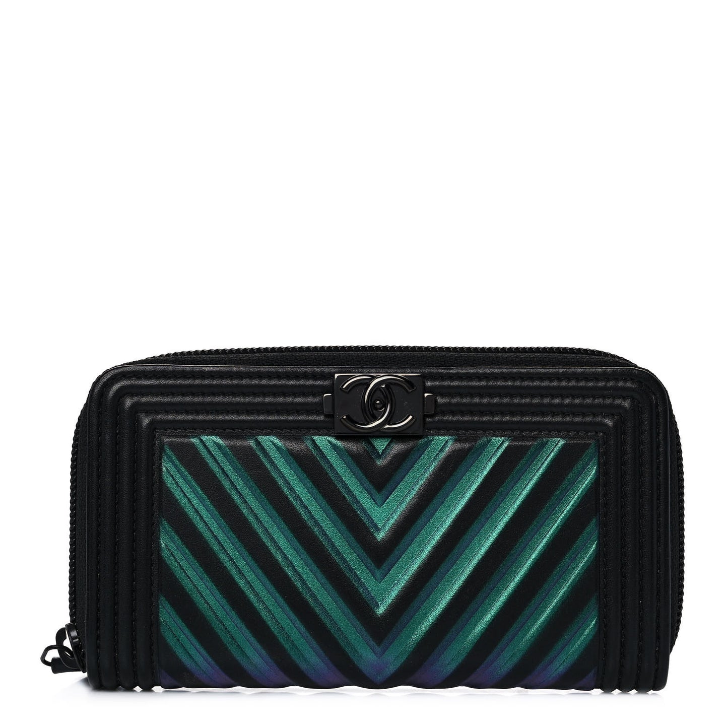 Calfskin Painted Chevron Embossed Small Boy Zip Wallet Black