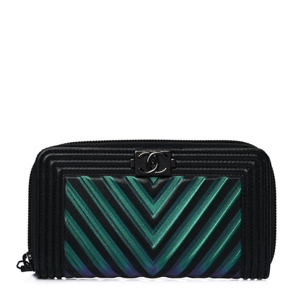 Chanel Calfskin Painted Chevron Embossed Small Boy Zip Wallet Black 1 of 14