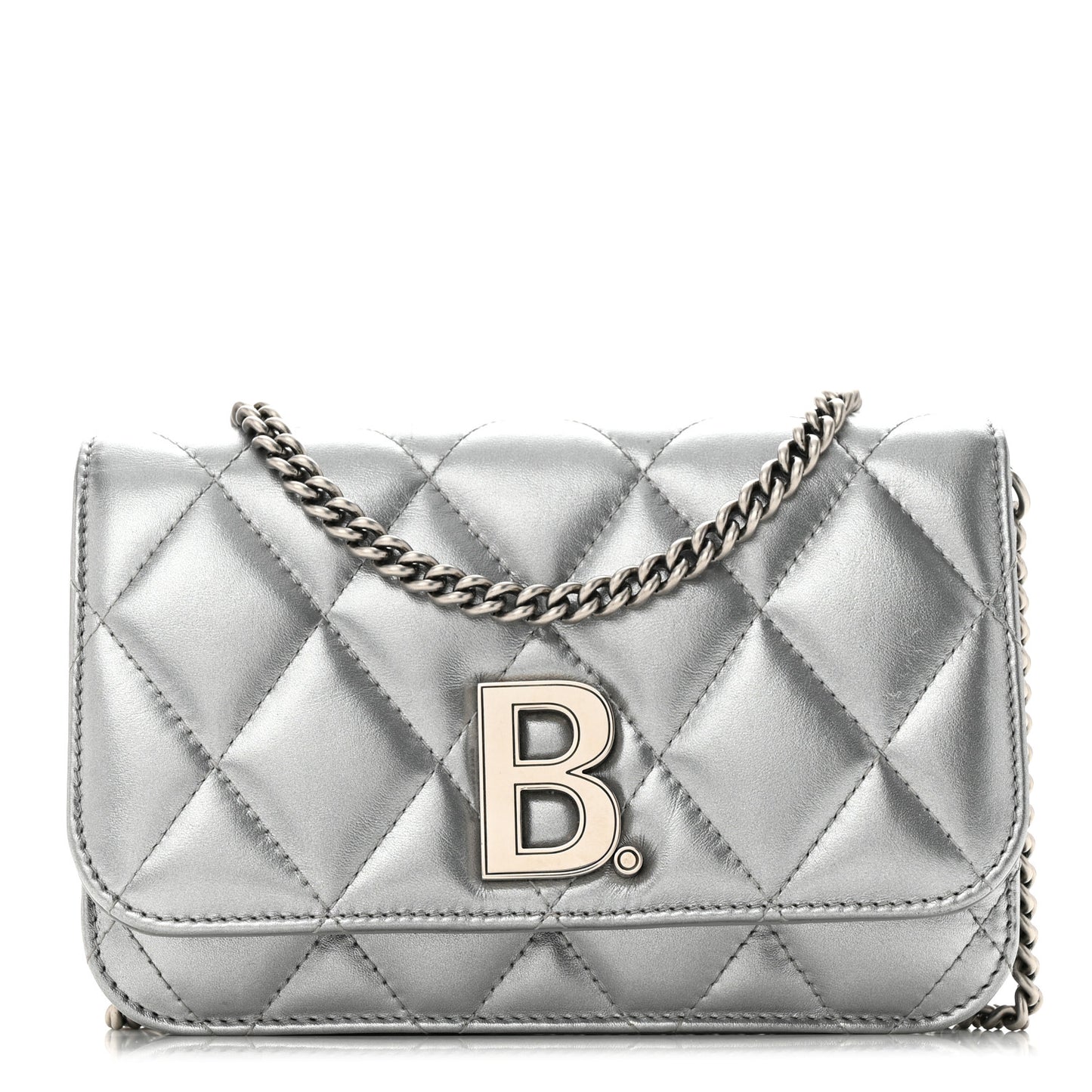 Metallic Calfskin Quilted Touch B Wallet On Chain Silver