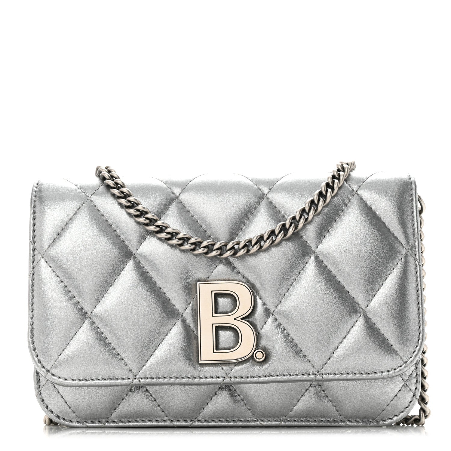Balenciaga Metallic Calfskin Quilted Touch B Wallet On Chain Silver 1 of 9