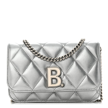 Balenciaga Metallic Calfskin Quilted Touch B Wallet On Chain Silver 1 of 9