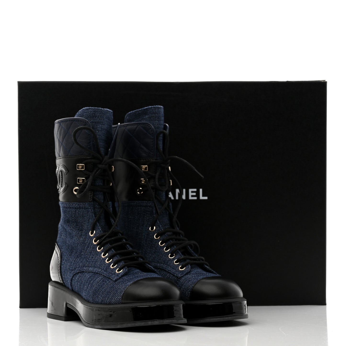 Denim Patent Lambskin Quilted CC Lace Up Combat Boots 36 Navy Blue Black