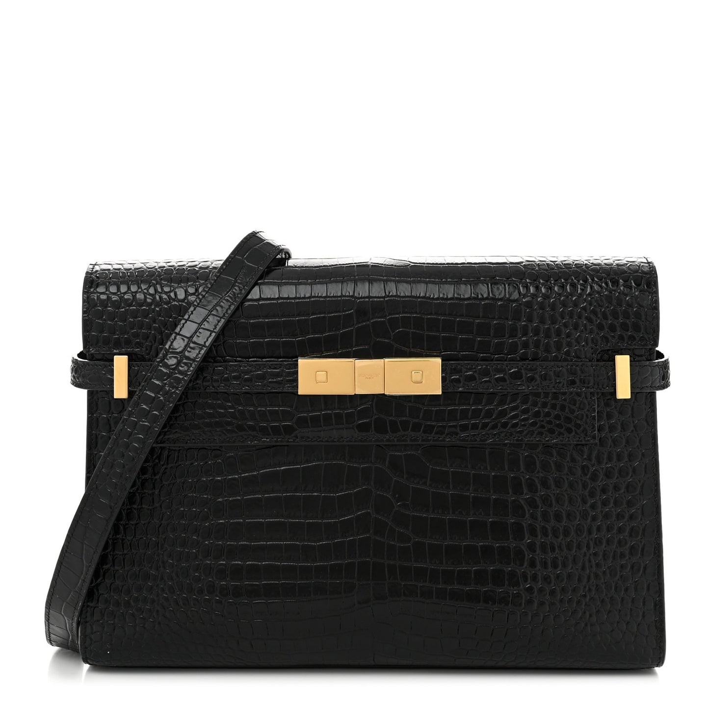 Shiny Calfskin Crocodile Embossed Manhattan Baguette Black