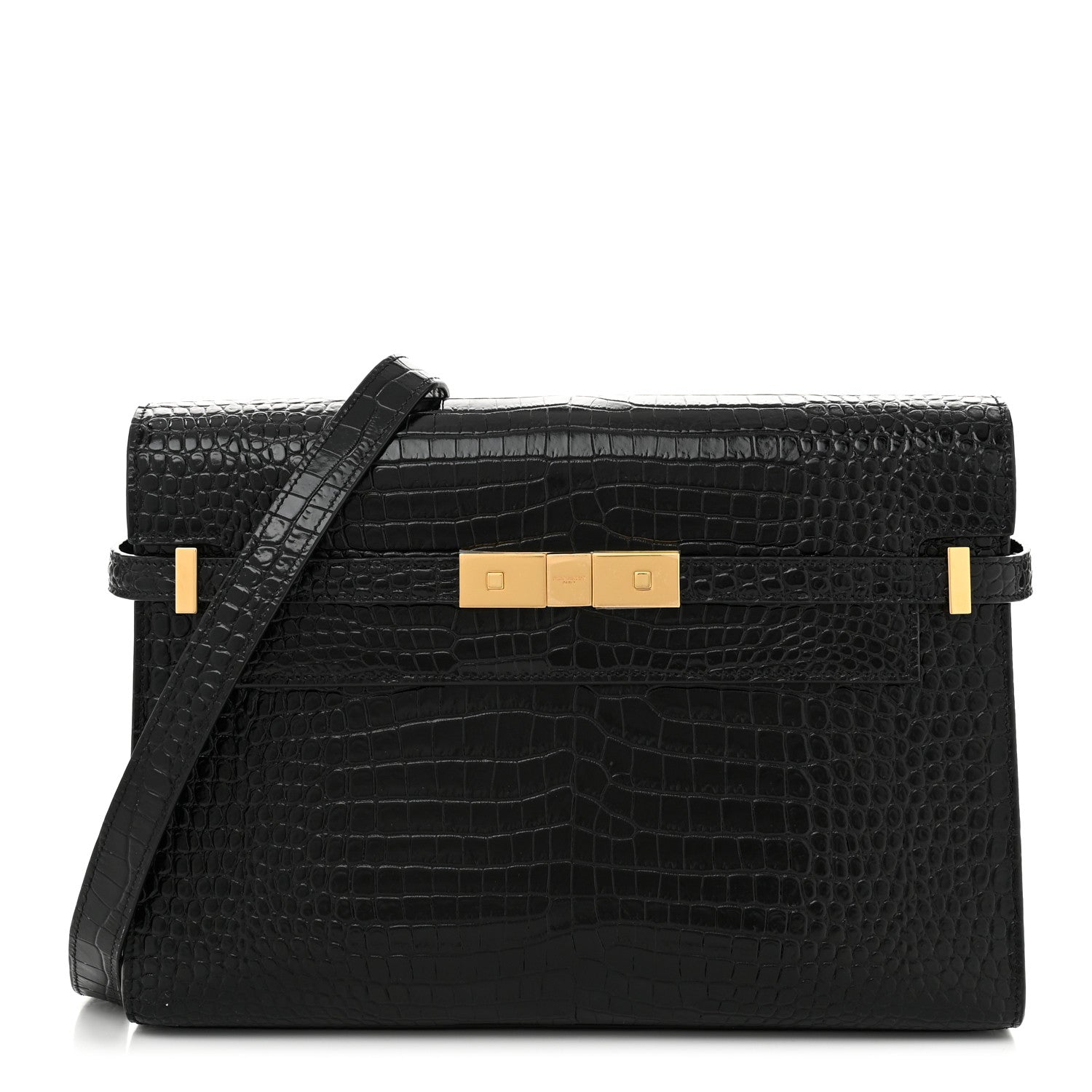 Saint Laurent Shiny Calfskin Crocodile Embossed Manhattan Baguette Black 1 of 9
