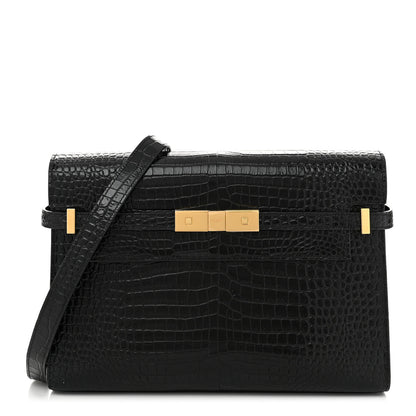 Saint Laurent Shiny Calfskin Crocodile Embossed Manhattan Baguette Black 1 of 9