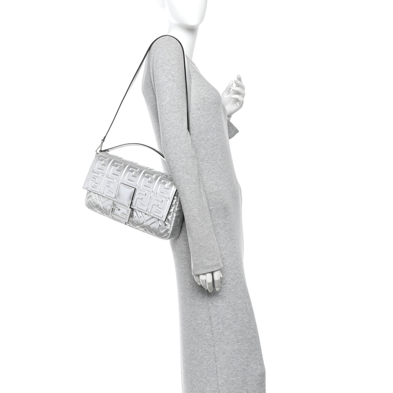 Fendi Vitello Catalan Mirror FF 1974 Embossed Large Baguette Argento 2 of 14