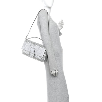 Fendi Vitello Catalan Mirror FF 1974 Embossed Large Baguette Argento 2 of 14