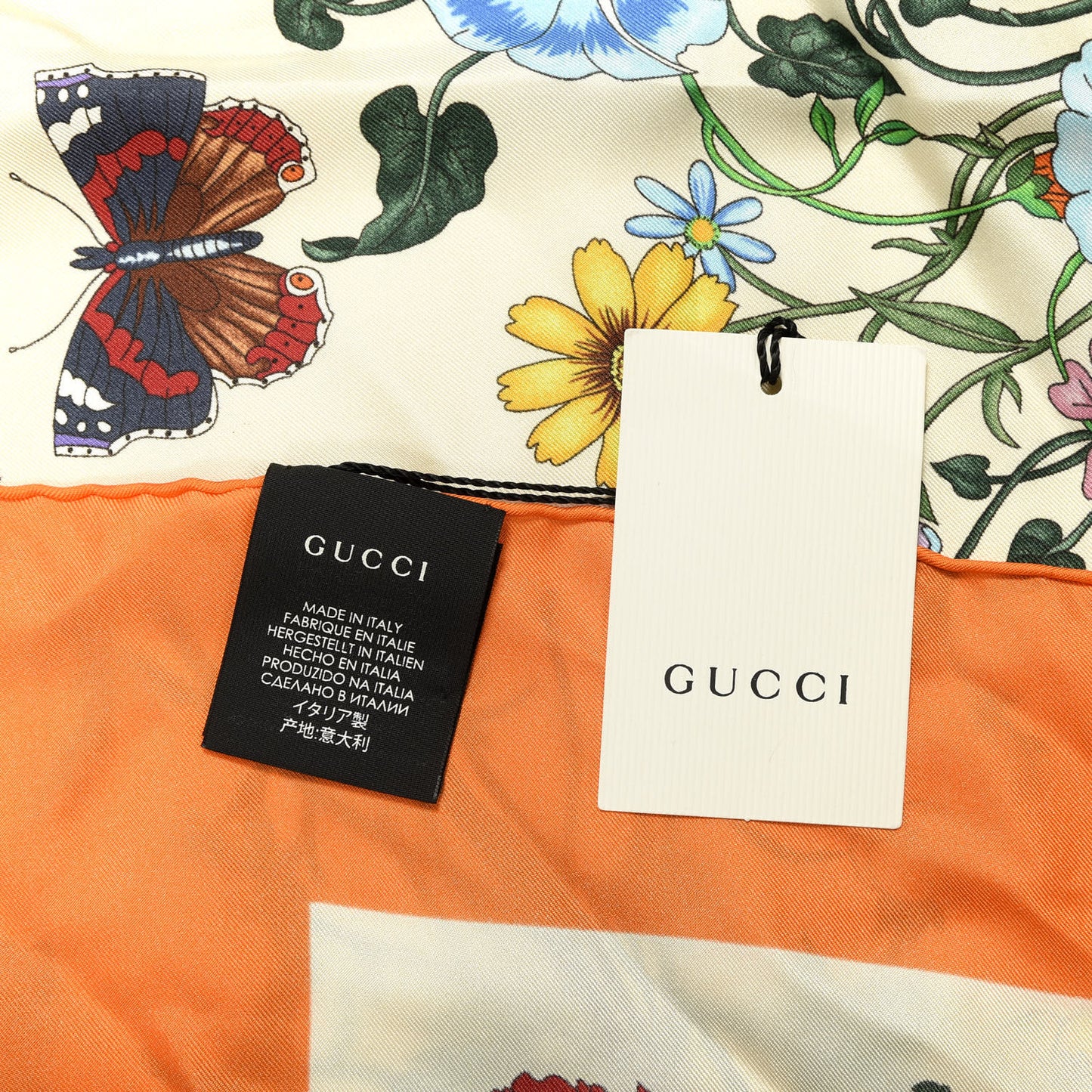 Silk Twill Flora Fluo Square Scarf Ivory Orange