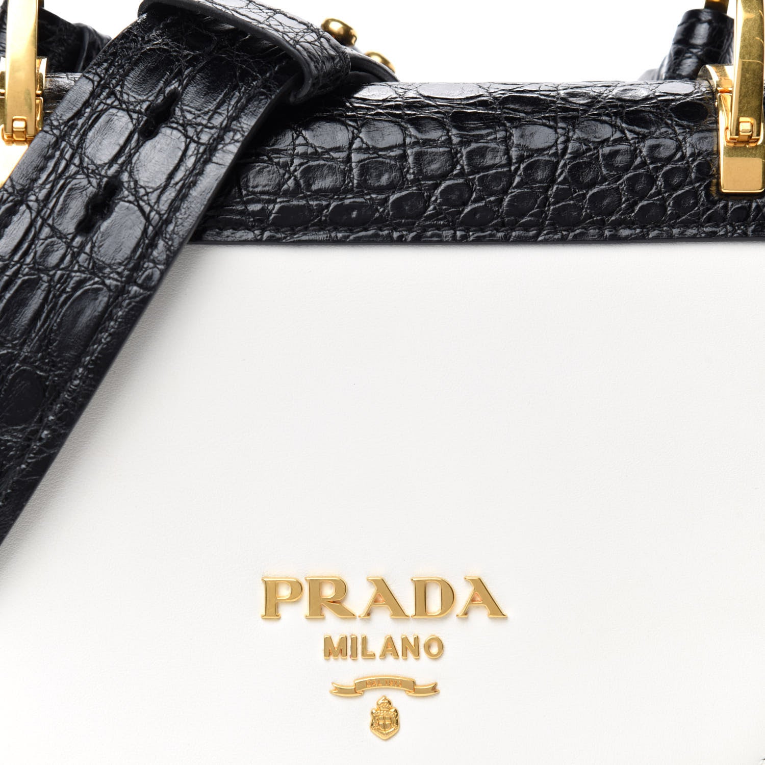 Prada City Calf Crocodile Calfskin Embossed Pionniere Saddle Bag Black White 10 of 10