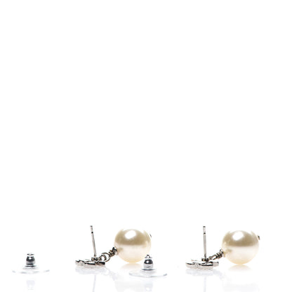 Chanel Crystal Pearl CC Drop Earrings Silver Pearly White 3 of 5