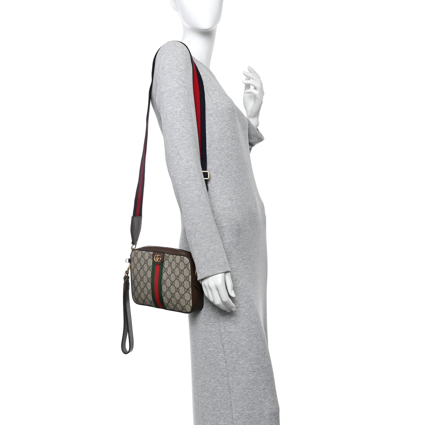 GG Supreme Monogram Textured Dollar Calfskin Web Ophidia Small Crossbody Bag Beige Ebony New Acero