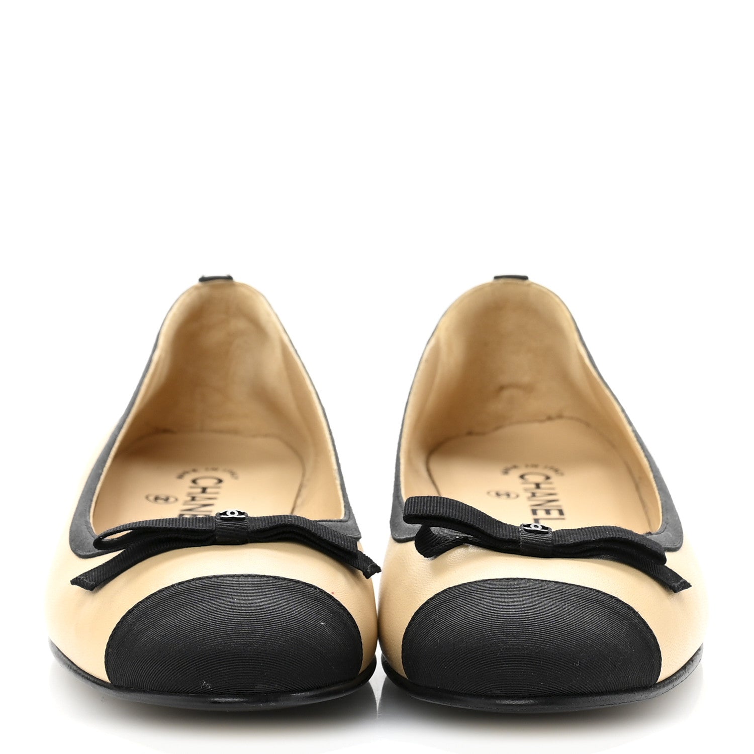 Chanel Lambskin Grossgrain Cap Toe Bow CC Ballerina Flats 40 Beige Black 3 of 9