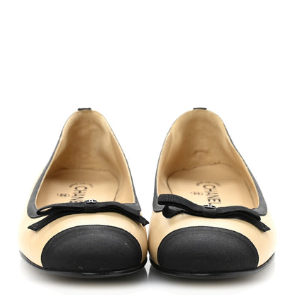 Chanel Lambskin Grossgrain Cap Toe Bow CC Ballerina Flats 40 Beige Black 3 of 9