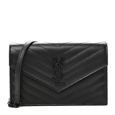 Grain De Poudre Matelasse Chevron Monogram Monochrome Envelope Chain Wallet Black