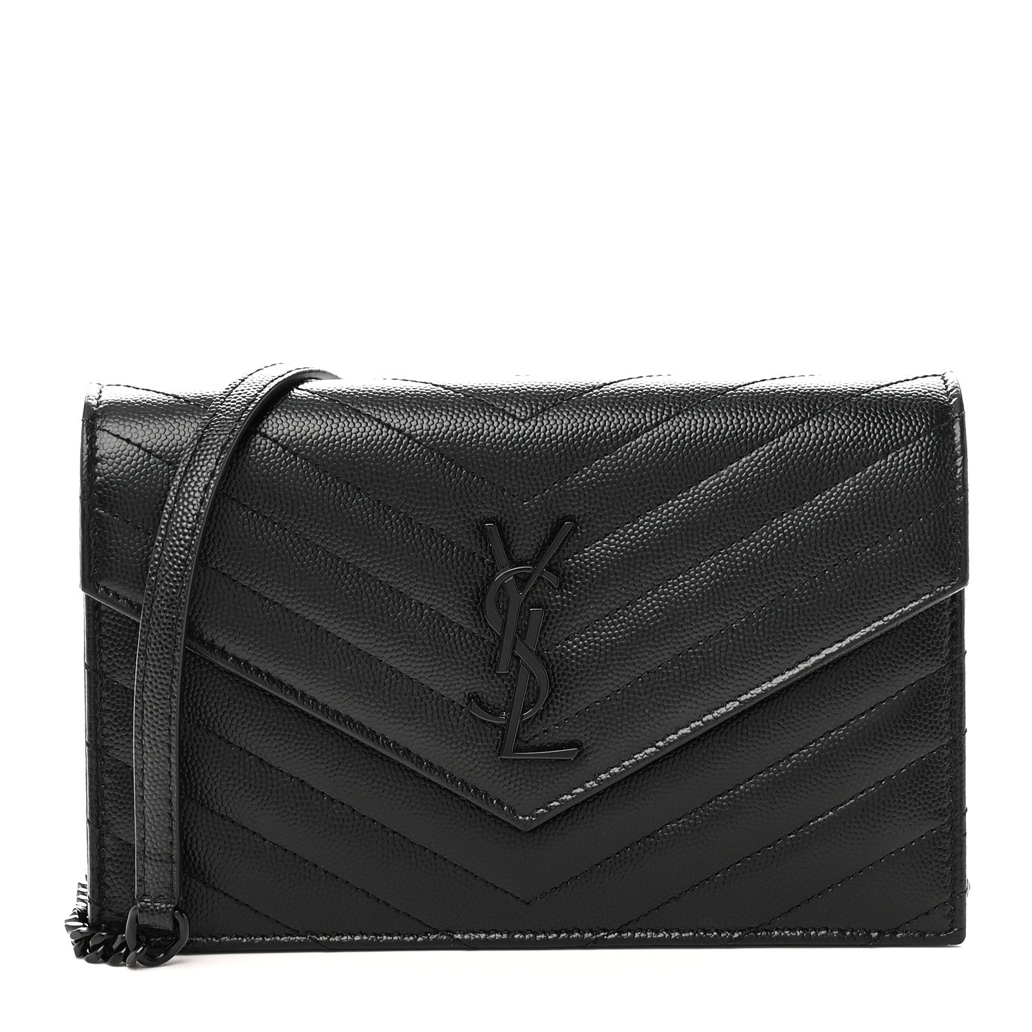 Saint Laurent Grain De Poudre Matelasse Chevron Monogram Monochrome Envelope Chain Wallet Black 1 of 11