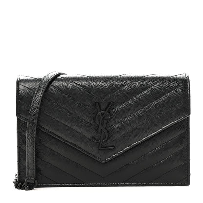 Saint Laurent Grain De Poudre Matelasse Chevron Monogram Monochrome Envelope Chain Wallet Black 1 of 11
