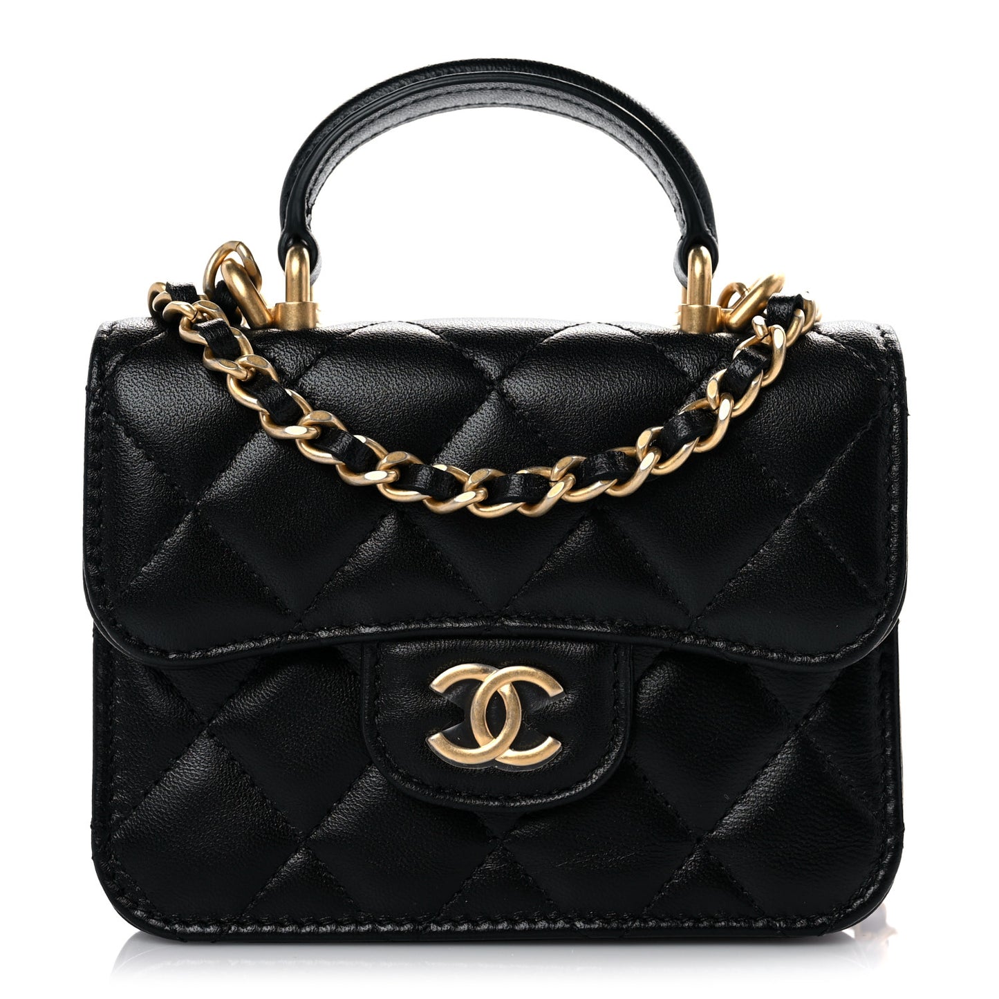 Lambskin Quilted Top Handle Flap Coin Purse With Chain Black