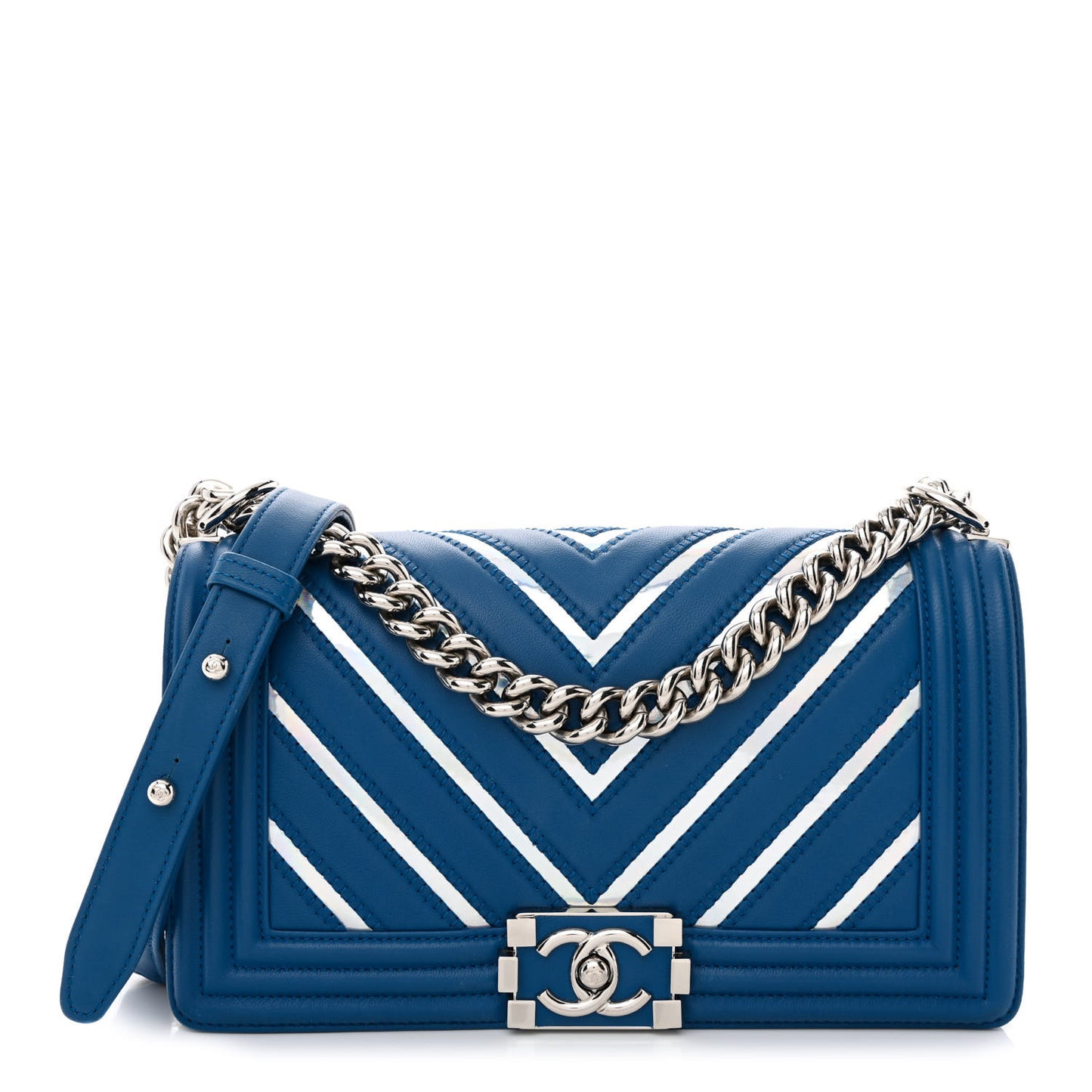 Lambskin Iridescent PVC Chevron Quilted Medium Boy Flap Blue Silver