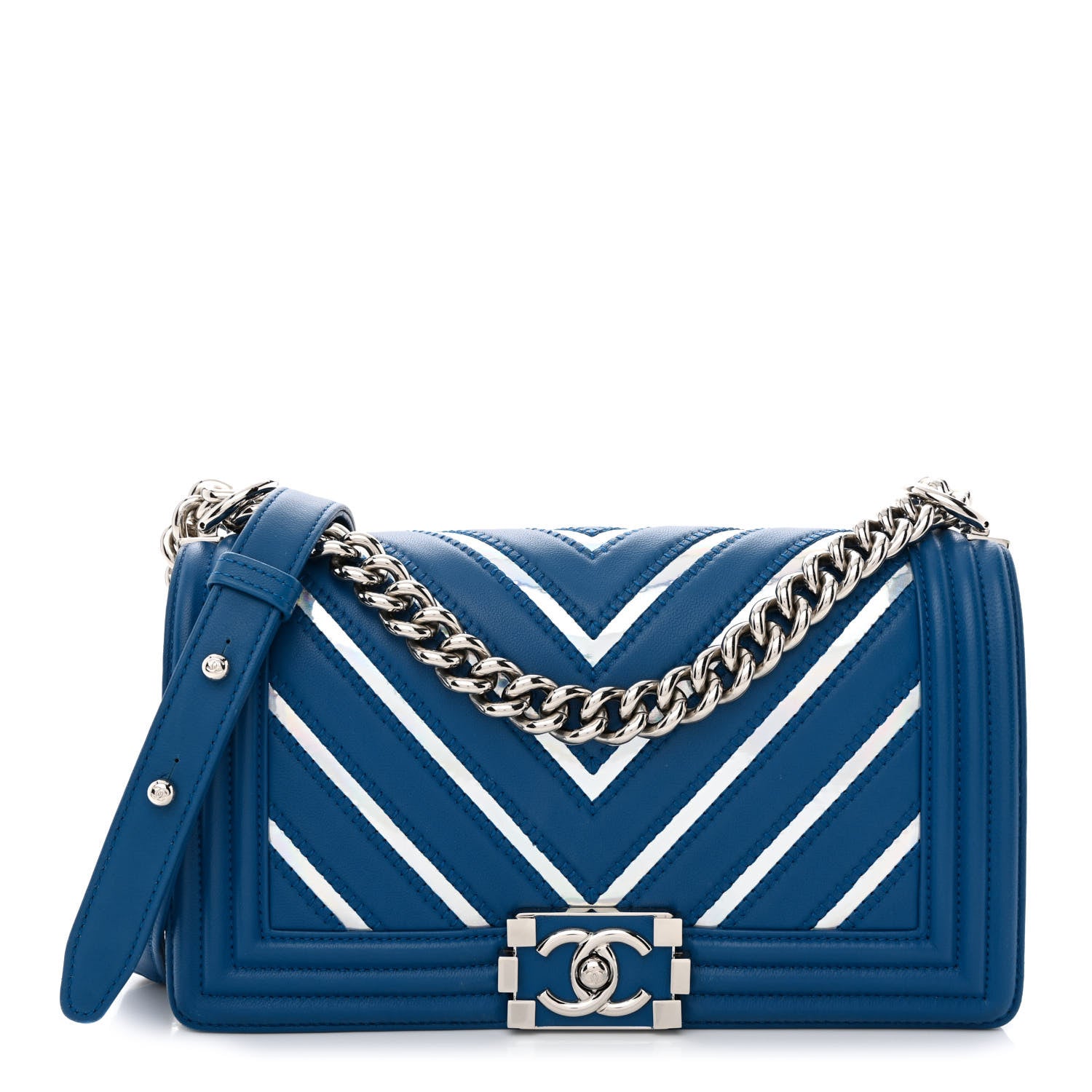 Chanel Lambskin Iridescent PVC Chevron Quilted Medium Boy Flap Blue Silver 1 of 11