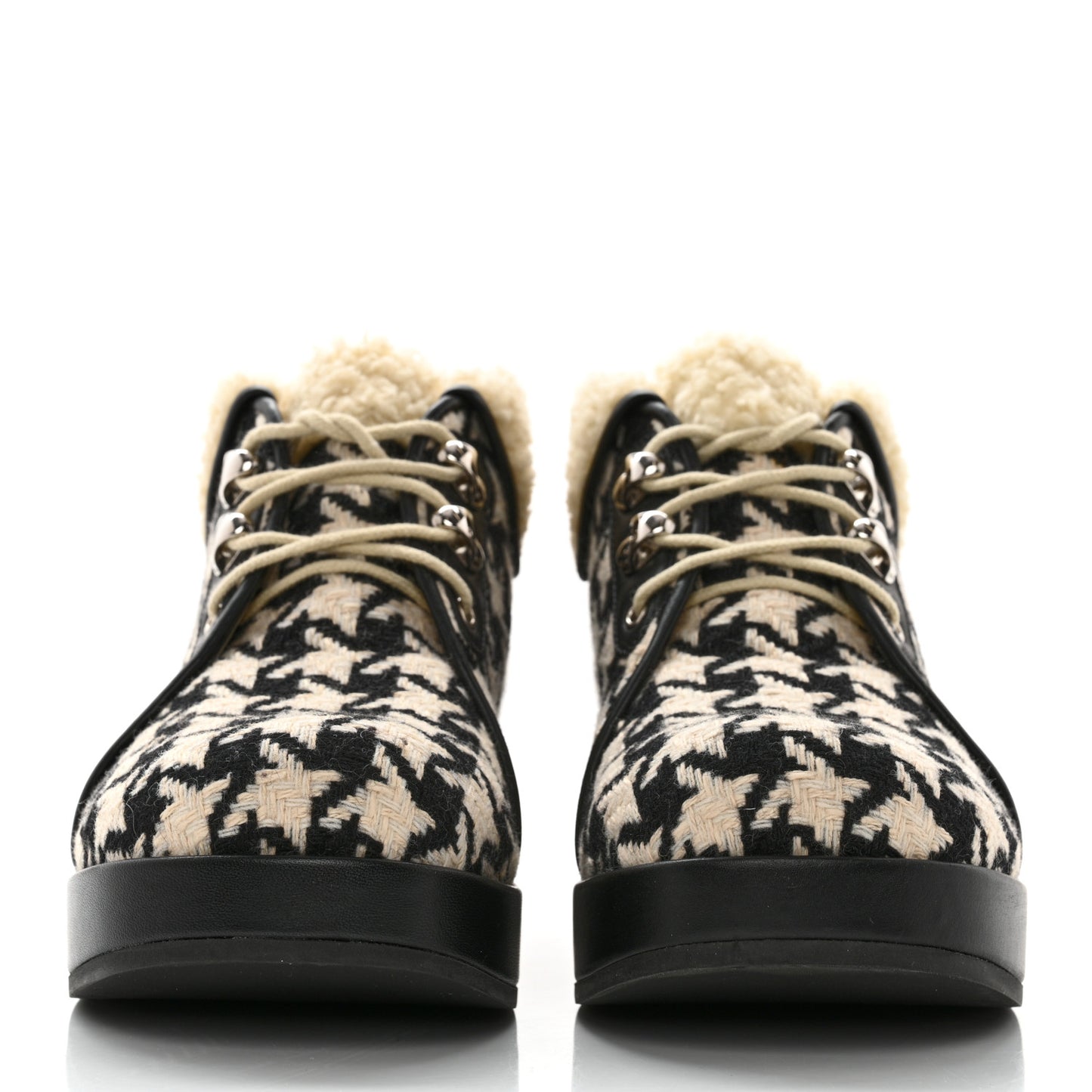 Optical Tweed Faux Shearling Houndstooth Victor Lace Up Ankle Boots 36 White Black