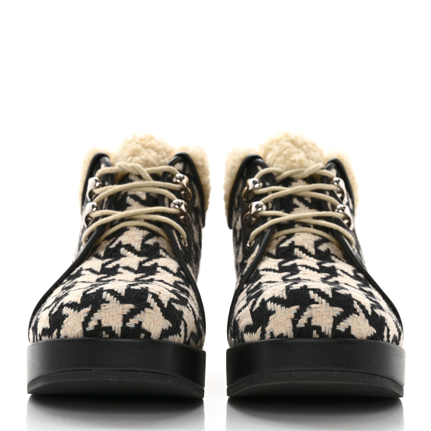 Gucci Optical Tweed Faux Shearling Houndstooth Victor Lace Up Ankle Boots 36 White Black 2 of 10