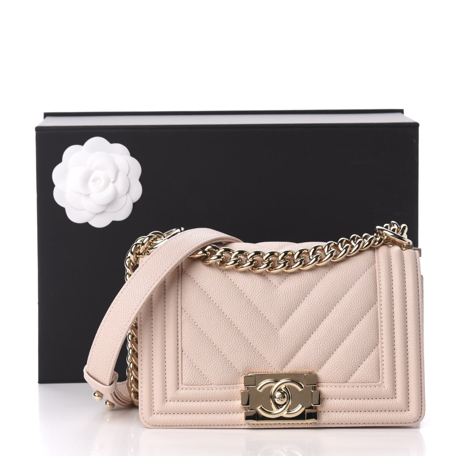Chanel Caviar Chevron Quilted Small Boy Flap Nude 11 of 11