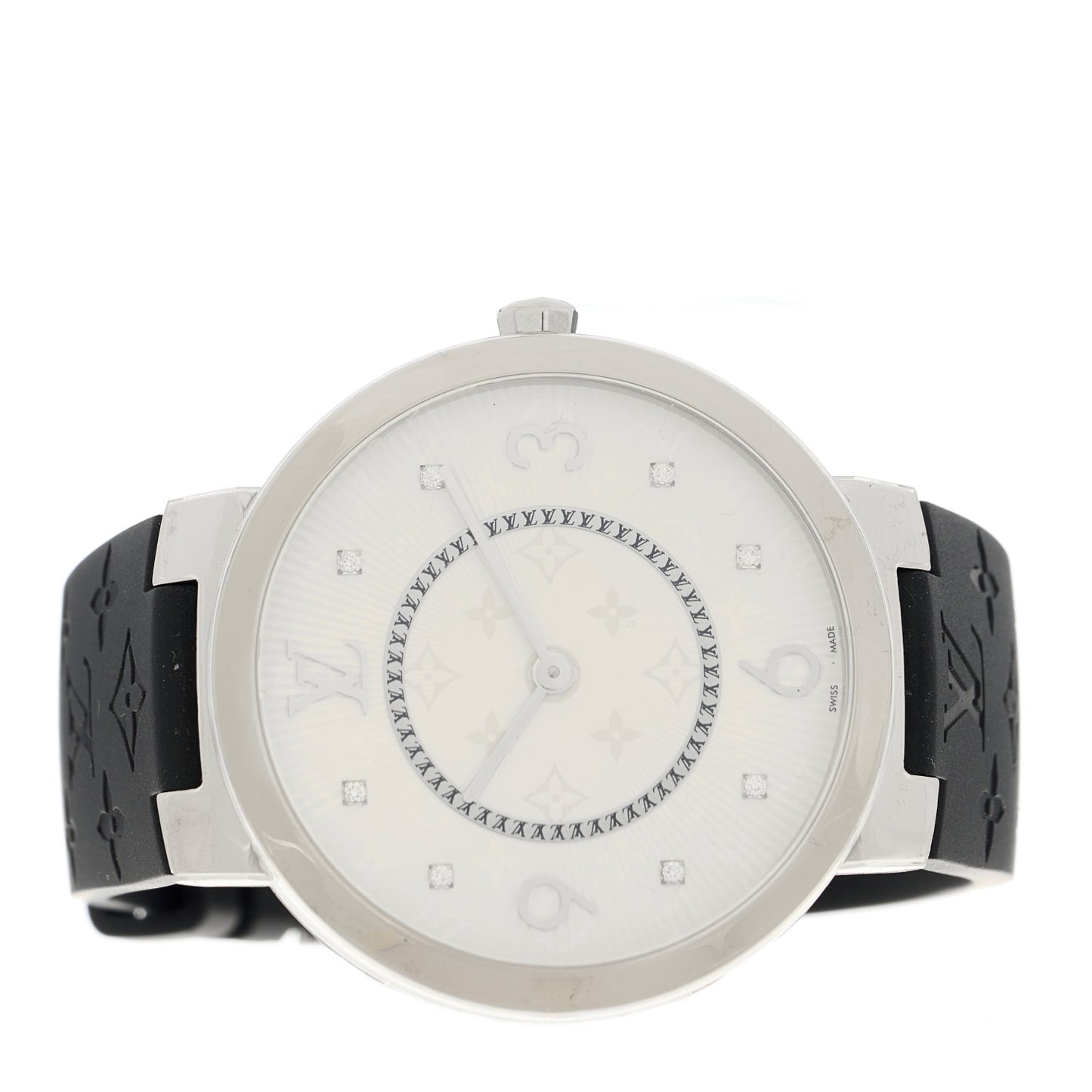 Stainless Steel Rubber Diamond 39mm Tambour Slim Quartz Watch