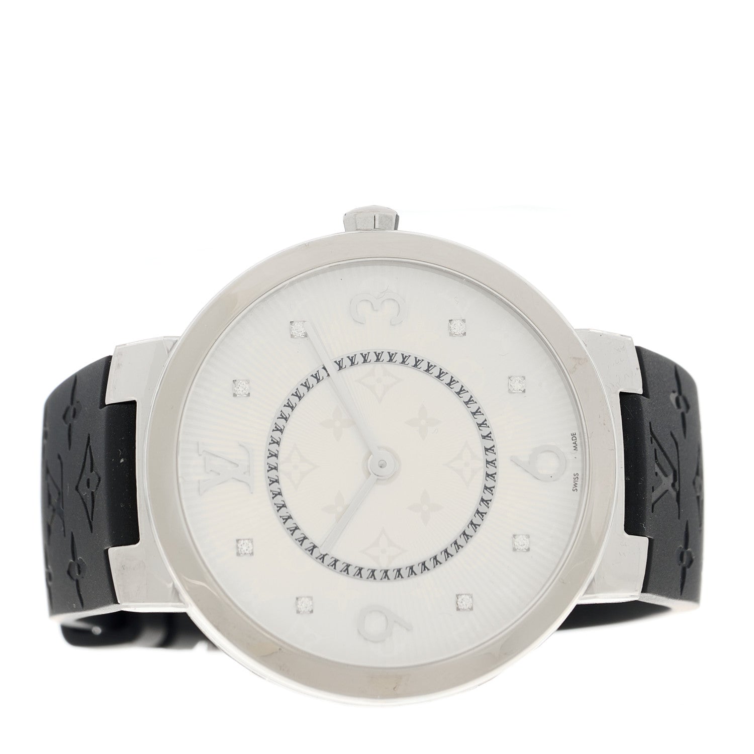 Louis Vuitton Stainless Steel Rubber Diamond 39mm Tambour Slim Quartz Watch 2 of 4