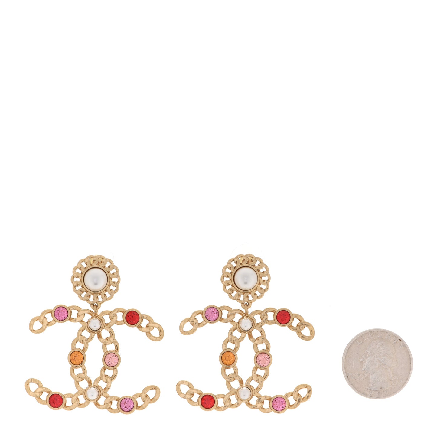 Pearl Crystal Chain Link CC Drop Earrings Gold Red Pink Yellow