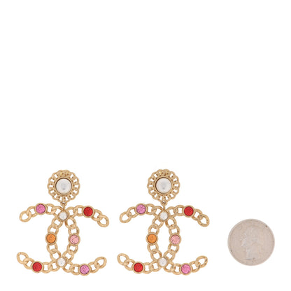 Chanel Pearl Crystal Chain Link CC Drop Earrings Gold Red Pink Yellow 2 of 5