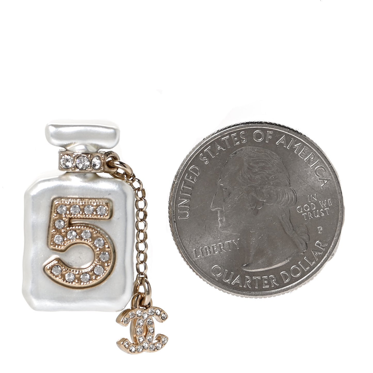 Pearl Resin Crystal CC No 5 Perfume Bottle Brooch Gold Pearly
