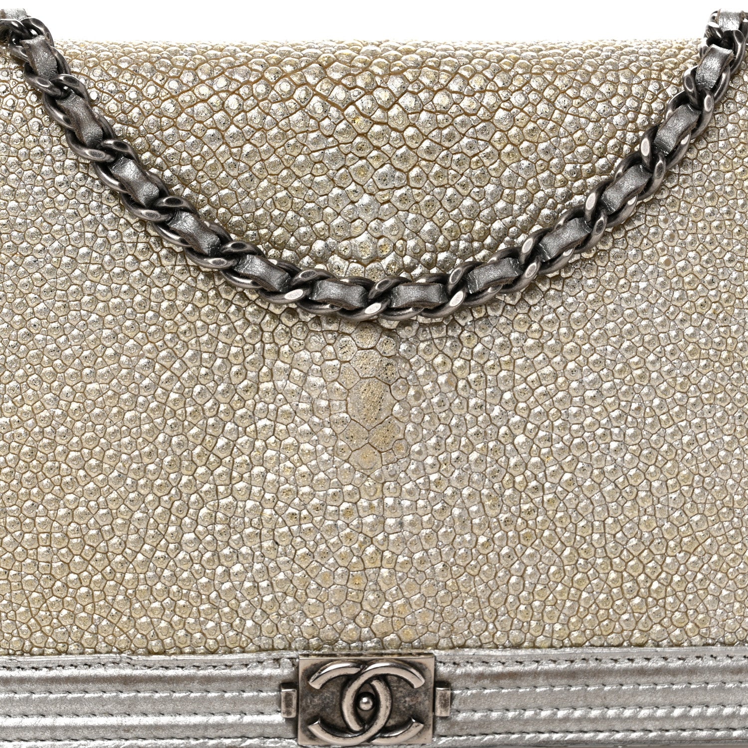 Chanel Metallic Galuchat Stingray Lambskin Boy Wallet On Chain WOC Silver 8 of 12