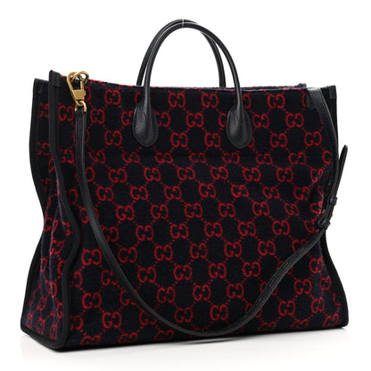 Gucci Covered Wool Textured Dollar Calfskin GG Monogram Large Tote Bag Blue Red 3 of 10