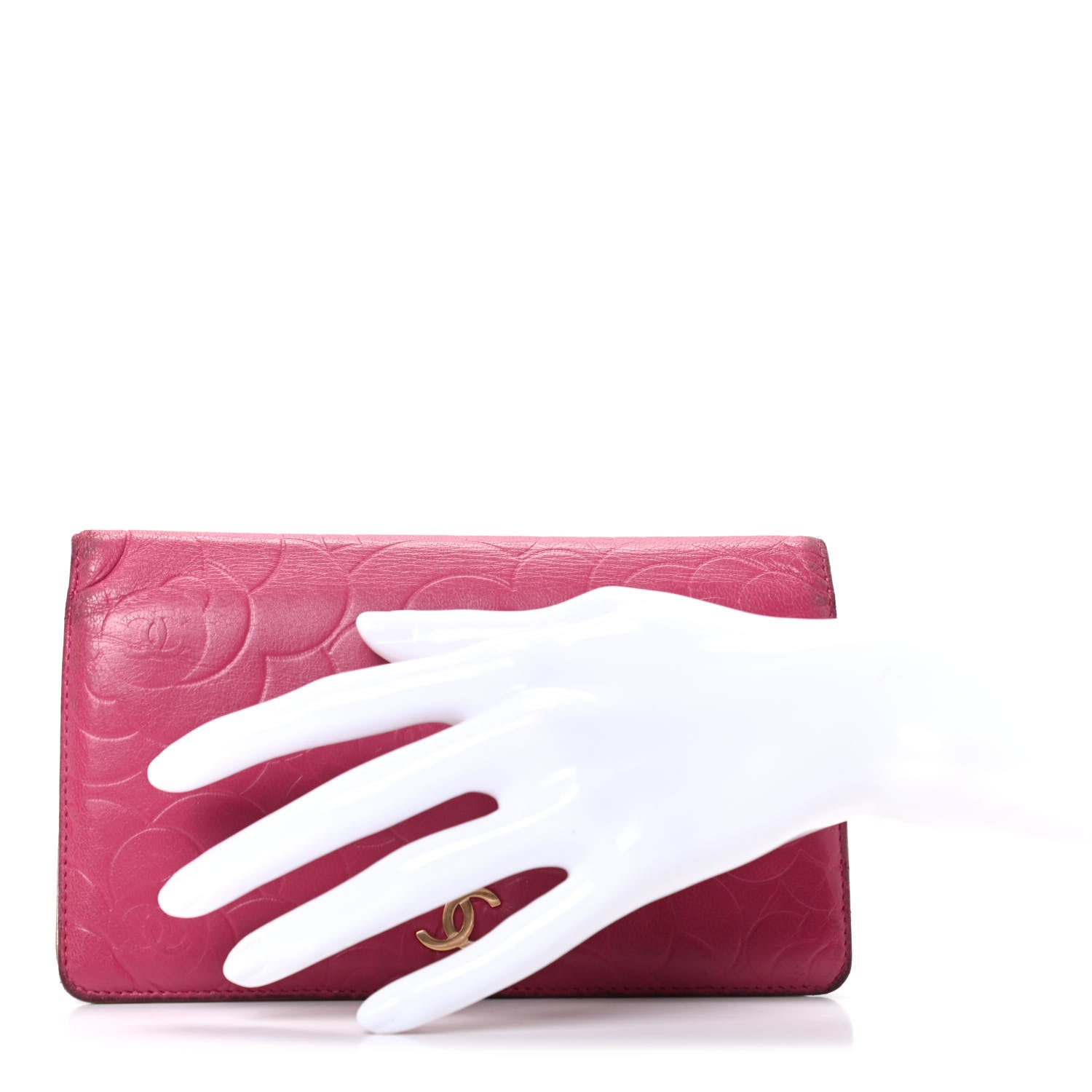 Chanel Lambskin Camellia Embossed Yen Wallet Fuchsia 2 of 6