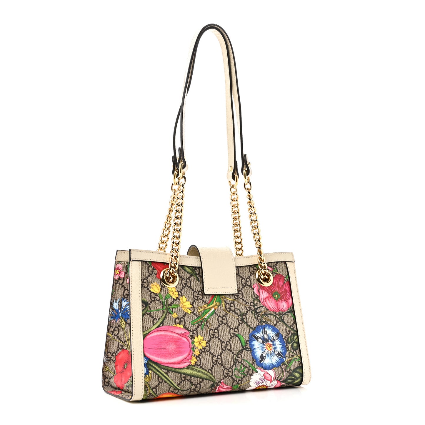 GG Supreme Monogram Flora Textured Calfskin Small Padlock Tote Beige Ebony Multicolor Mystic White